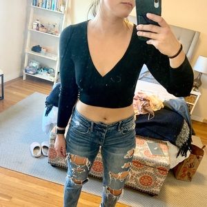 Brandy Melville Black Long-sleeve Wrap-around Top